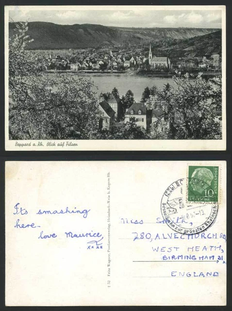 Deutschland 1957 Alte Postkarte Boppard a Rh. Blick auf Filsen, Rheinszene Mt.