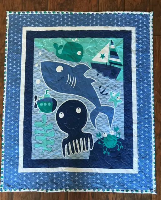 Ocean Friends Whale Sailboat Shark Crib Infant Toddler Quilted Blanket 36X44