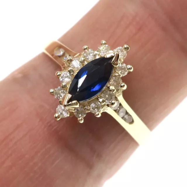 Petite 14k Solid Yellow Gold Natural Blue Sapphire and Diamond Ring Size 7