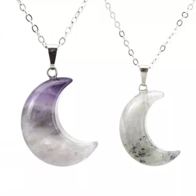 Natural Stone Crescent Moon Stone Pendant Healing Crystal Quartz Reiki Necklace