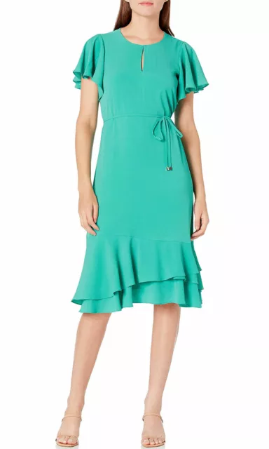 Maggy London Womens Catalina Crepe Jewel Neck Flutter Sleeve Dress 4 Seafoam