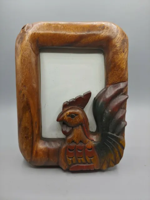 Hand Carved Wooden Picture Frame Painted Rooster Primitive 7.5"H 5.5"W 1"Thick