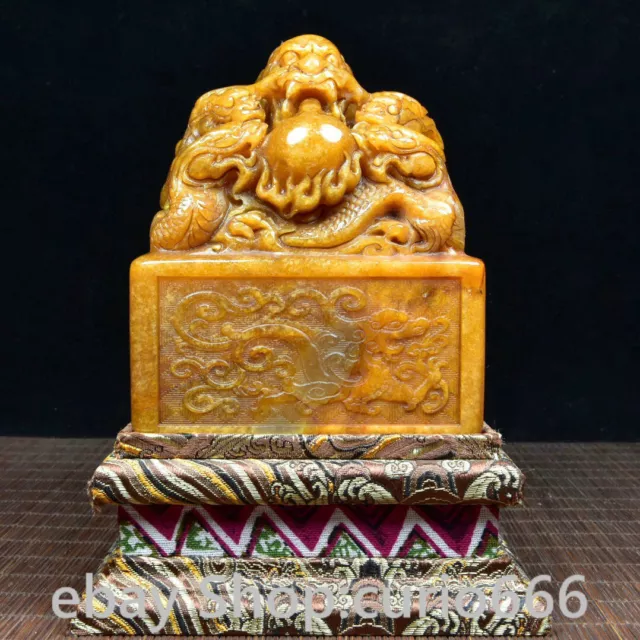 4.9& OLD NATURAL Tianhuang Shoushan Stone Carved 9 Dragon Bead Seal ...