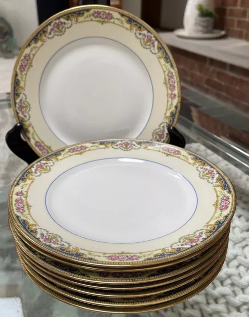 FAB Set 8 Antique French Limoges White Cream Gilt Floral Garland Luncheon Plates