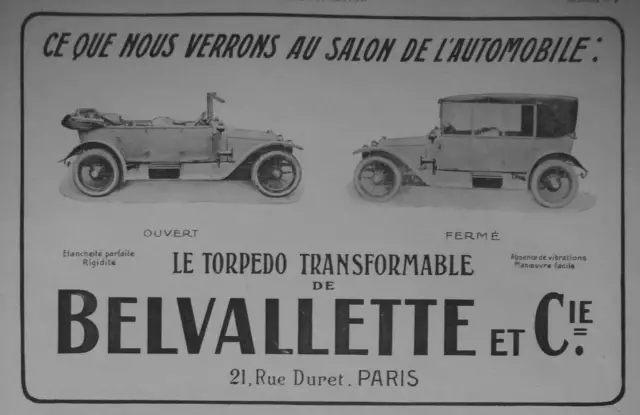 Publicité De Presse 1913 Torpedo Transformable De Belvallette & C° -Advertising