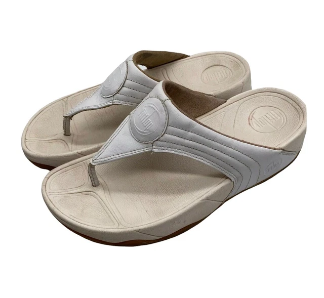 Fitflop Womens 6 Sandals Flip Flops White Leather Wedge Comfort Walking    i