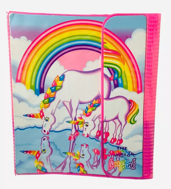 Vintage Lisa Frank rainbow 2 unicorns 3 ring binder with flap closure w/inserts