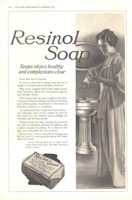 1918 Resinol Soap Antique Print Ad WW1 Era Keeps Skin Healthy Complexion Clear