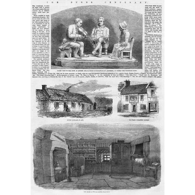 Robert Burns Centenary; Burns Cottage, Room of Birth - Antique Print 1859