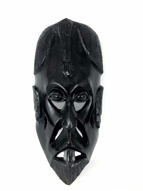 African Tribal Warrior Face Mask Wood Hand-Carved Art Native Teeth Heavy 11"