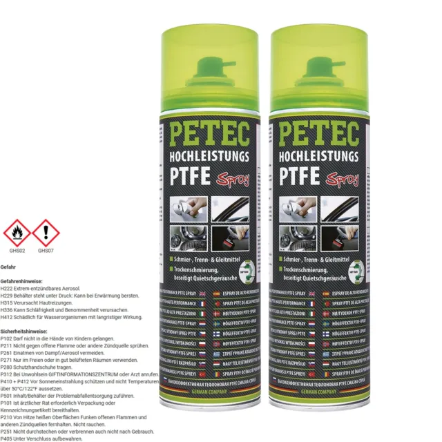 2x 500ml PETEC HOCHLEISTUNGS PTFE-SPRAY TRENNMITTEL GLEITMITTEL SCHMUTZABWEISEND