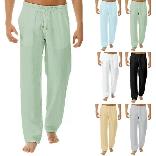 Mens Cotton Linen Loose Pants Casual Drawstring Beach Yoga Baggy Long Trousers