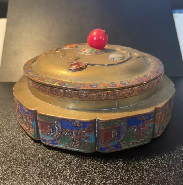 Vintage Chinese Tea Caddy Box Repousse Brass Enameled Relief Trinket