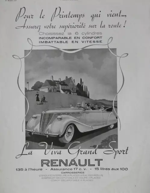 1939 Automobiles Renault La Viva Grand Sport Press Advertisement