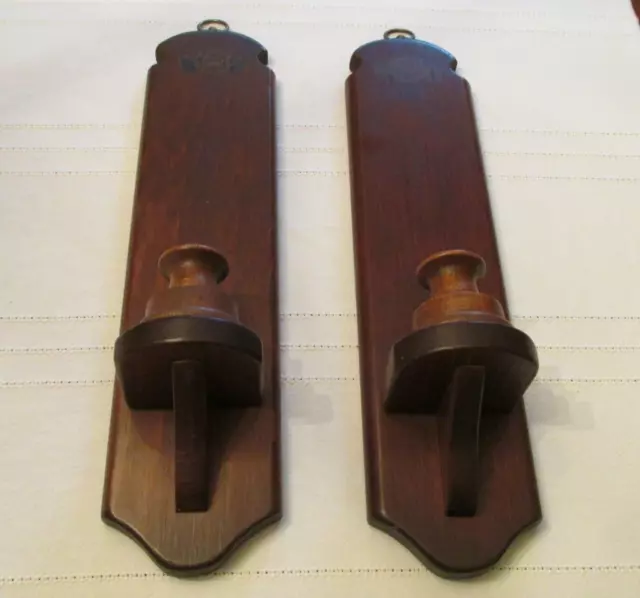 Pair of Rustic Wooden Wall Candle Holders with Brass Inserts