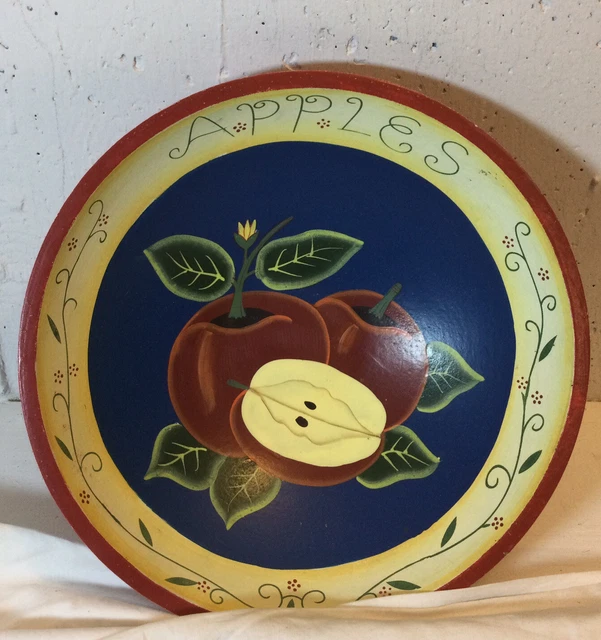 Vintage Hand Painted Wooden Salad Bowl, Apple Bowl, Fruit Bowl