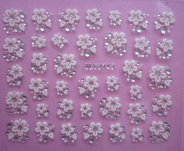 3d Manicura Lace pegatinas adhesivos Transfers Blanco Plata Flores pedrería (