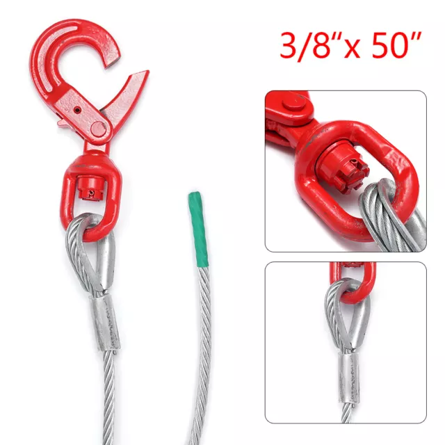 3/8"X50'' Galvanized Steel Wire Rope Sling Winch Cable Self-locking Swivel Hook
