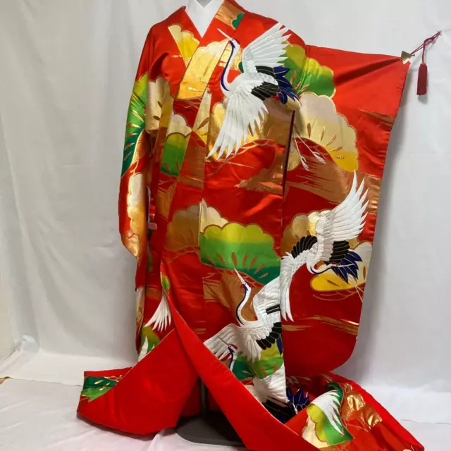 8331# Japanese kimono Vintage Uchikake Bridal Pure Silk Robe Embroidery Red