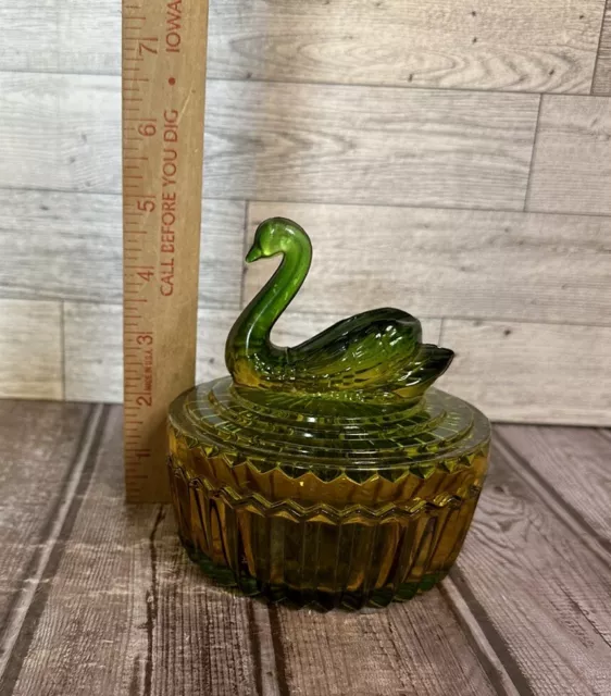 Vintage Jeanette Green Amber Flashed Glass Candy Dish Jewelry Trinket Swan Bird