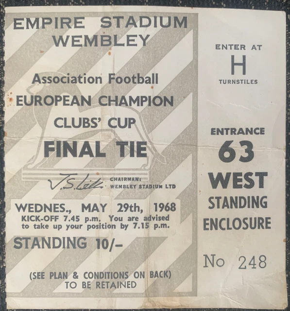 BIGLIETTO FINALE COPPA dei Campioni 1968 Stub Match Stub Manchester
