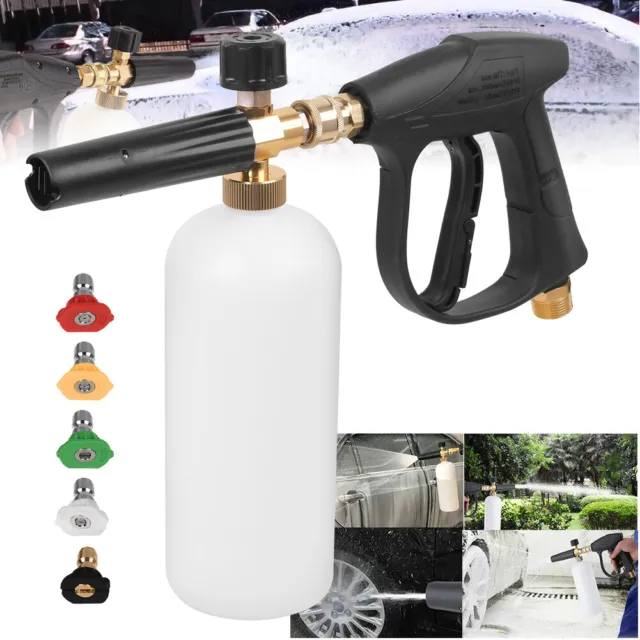 1/4" Pressure Washer Gun Spray Snow Foam Soap Lance Cannon Jet Bottle 1L 5 Tips