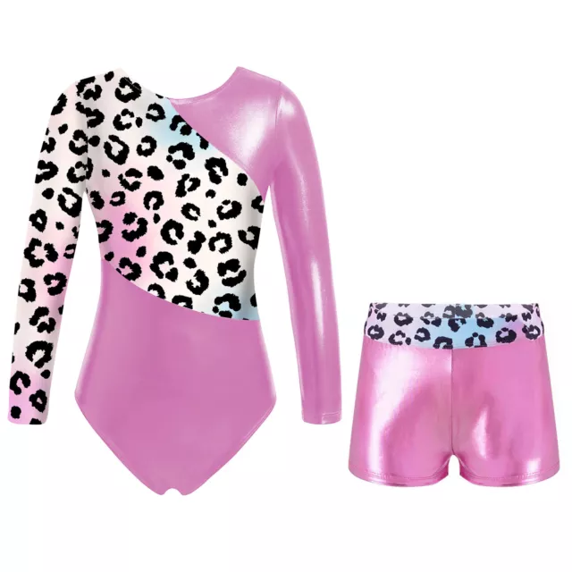 Kid Girls Shiny Printed Athletic Dance Leotard Bodysuit with Shorts Dancewear