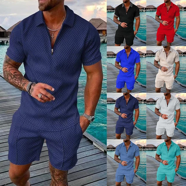 Mens Summer Short Sleeve Zip Shirts Tops Shorts Pants Hawaiian Beach Outfit Set