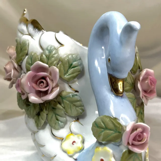 8” Vintage Porcelain Blue Swan Vase, 3D Roses & Gold Trimmed, Bird Figurine❤️ 2