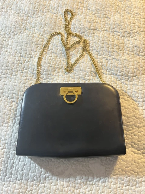 Salvatore Ferragamo Black Crossbody Shoulder Clutch Leather Bag Gancini Chain