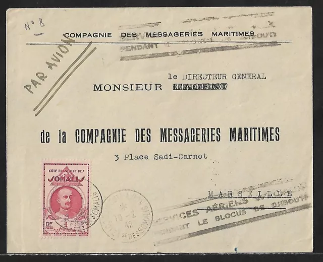 Correo Aéreo Francés Somalia A Francia Servicio Bloqueado 1F En Cubierta 1942