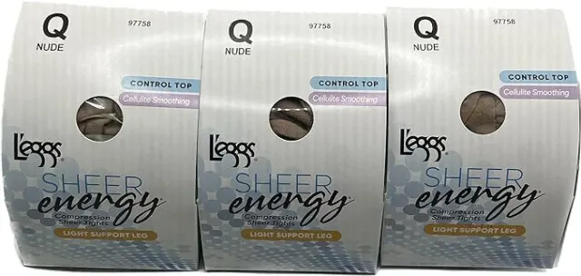 3 Pack Leggs Sheer Energy Control Top Size Q Nude 97758 Light Support Leg