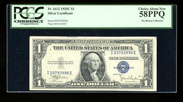 DBR 1935-C $1 Silver Fr. 1612 IE Block PCGS 58 PPQ Serial I03793996E