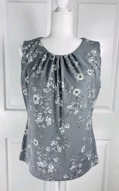 Calvin Klein Gray Floral Sleeveless Blouse Womens Large Pleated