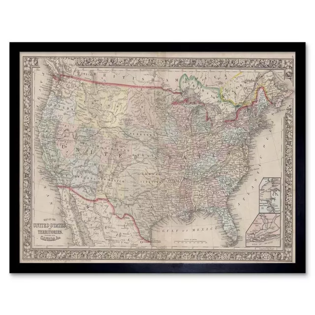 Geography Map Illustrated Antique Mitchell Usa 12X16 Inch Framed Art Print