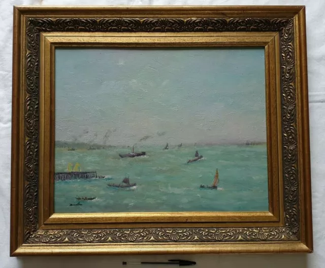 Tableau, peinture, de G.DUVILLIER, HSP, Bateaux en mer prés des cotes