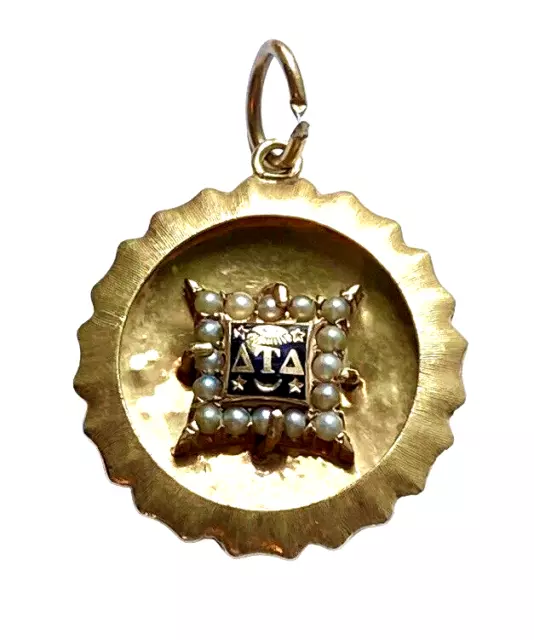 14k Gold Charm Anhänger Delta Tau Delta 1 Zoll mit Onyx & Samen Perlen 4,7 g Vintage