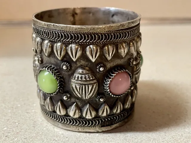 Egyptian Silver Cylinder Cup Becker Chased Filigree Inlay Cabochon Stones