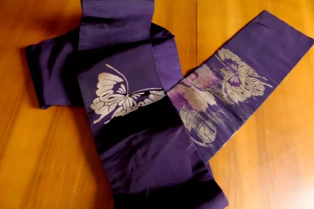 Edler Orig Vintage Japan Seiden Rips Obi Kimono Gürtel Lila Goldene Schmetterl