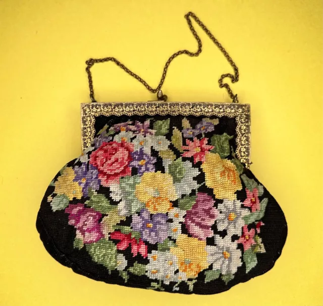 Vintage Needlepoint Evening  Bag Purse Gold Color Frame & Chain 7" High