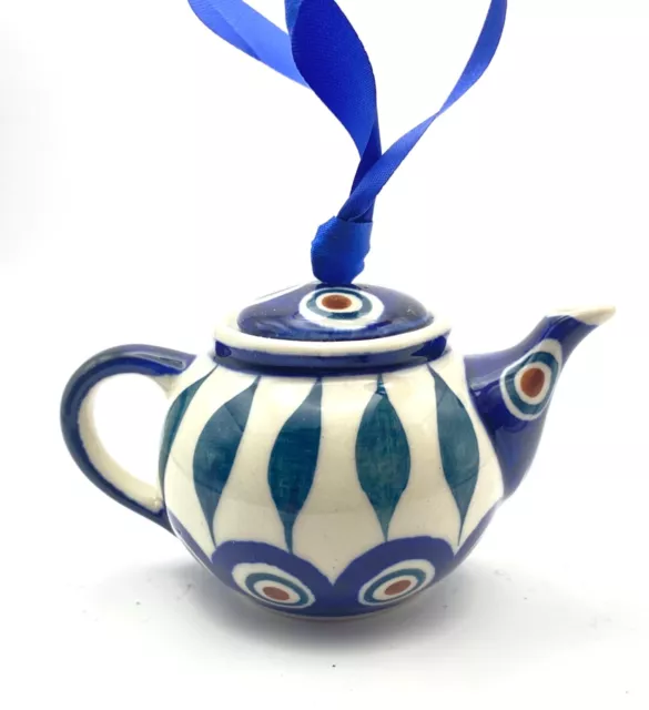 Polish Boleslawiec Handpainted Pottery Teapot Christmas Ornament Poland 3.5"