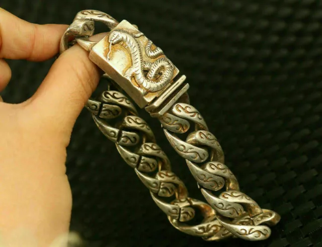 Cool chinese old tibetan silver hand carving snake statue bracelet collect gift