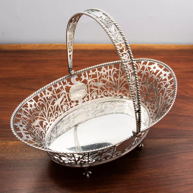 Heavy William Hutton English Sterling Silver Basket Pierced Floral, Bird 1927