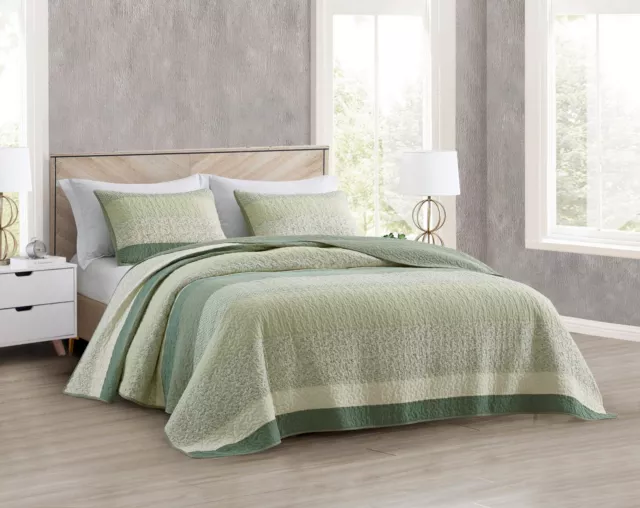 Chezmoi Collection Sage Green Floral Stripe Patchwork Cotton Quilt Bedspread Set