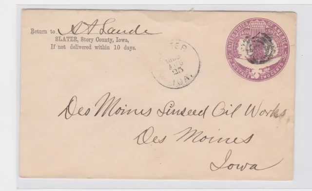 Slater Iowa Columbian postal stationery to Des Moines Iowa 1893 3d A