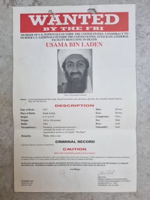 Extremely rare original 1999 WANTED poster affiche of Usama (Osama) Bin Laden