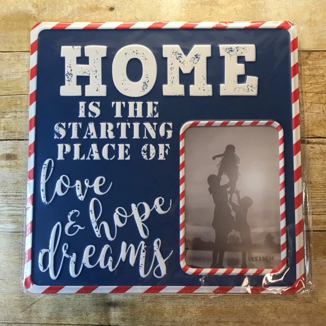 12” x 12” metal sign 'Home is the starting place...”' holds a 4x6 photo NEW