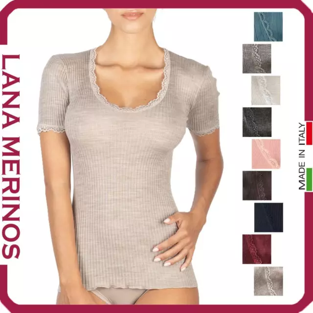 Maglia Intima Donna Manica Corta Lana Invernale Termica Costina Pizzo Maglietta