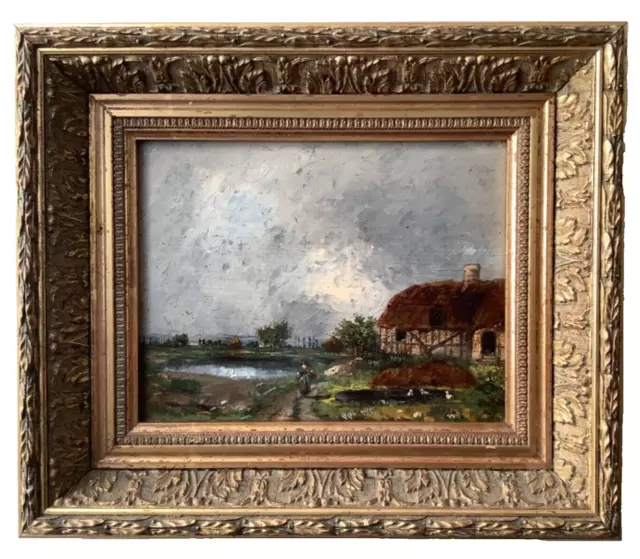 19th Century Lively Norman Farm with Chickens at the Pond French Oil Painting