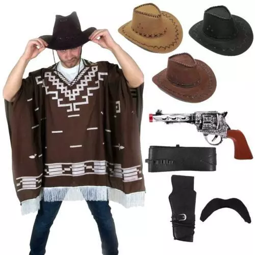 Cowboy Costume Wild West Poncho Gun Hat Western Fancy Dress Lot
